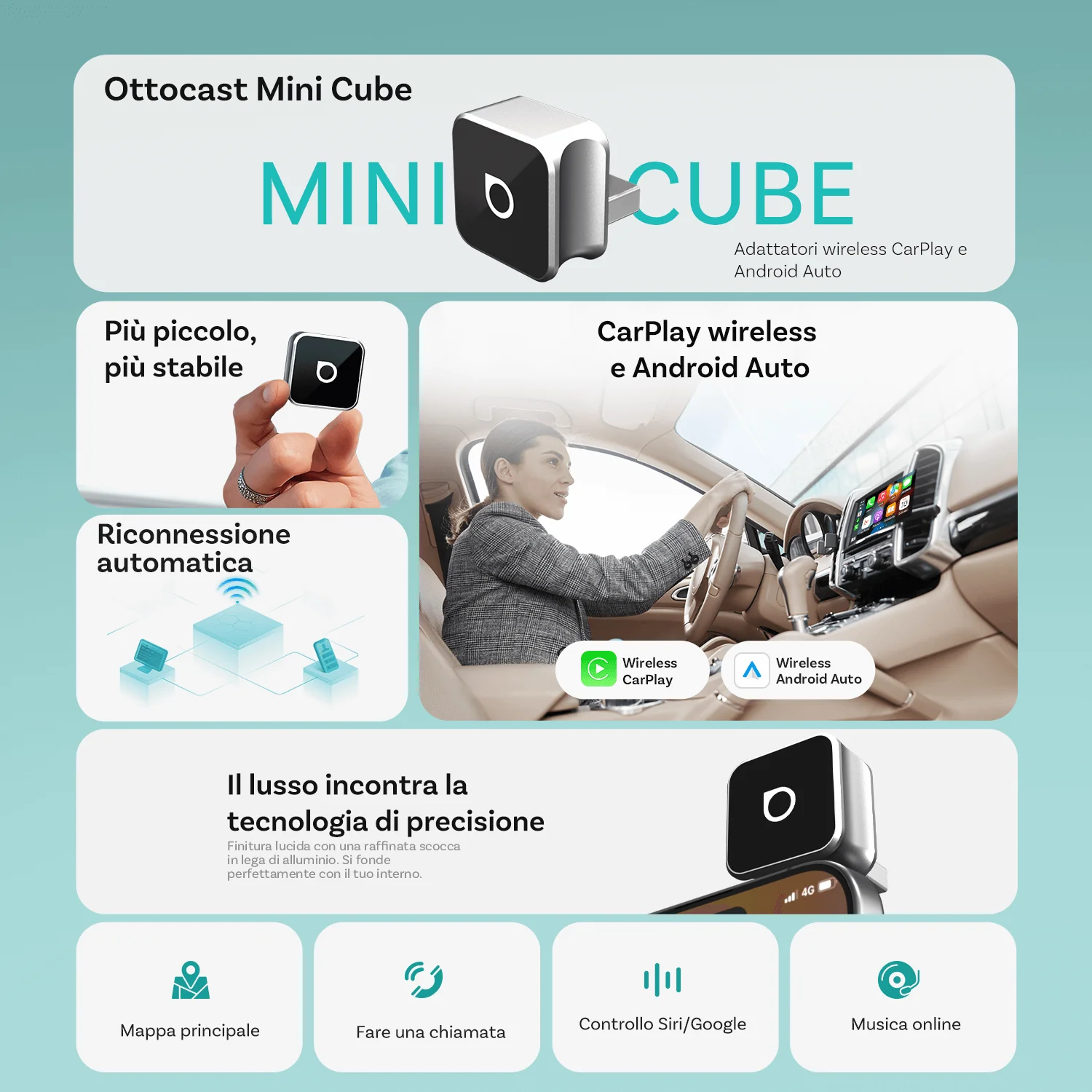 OTTOCAST® Mini Cube 3.0 Adattatore Wireless CarPlay e Android Auto - Image 10